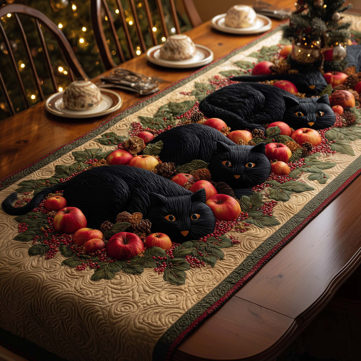 Apple Cats Quilted Table Runner Halloween Table Runner Thanksgiving Table Decor