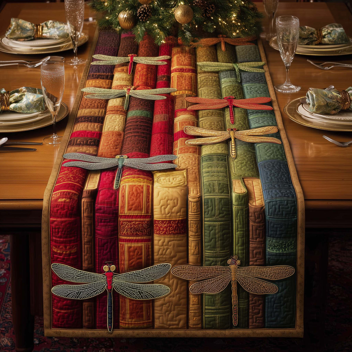 Book Dragonfly Quilted Table Runner Halloween Table Runner Thanksgiving Table Decor