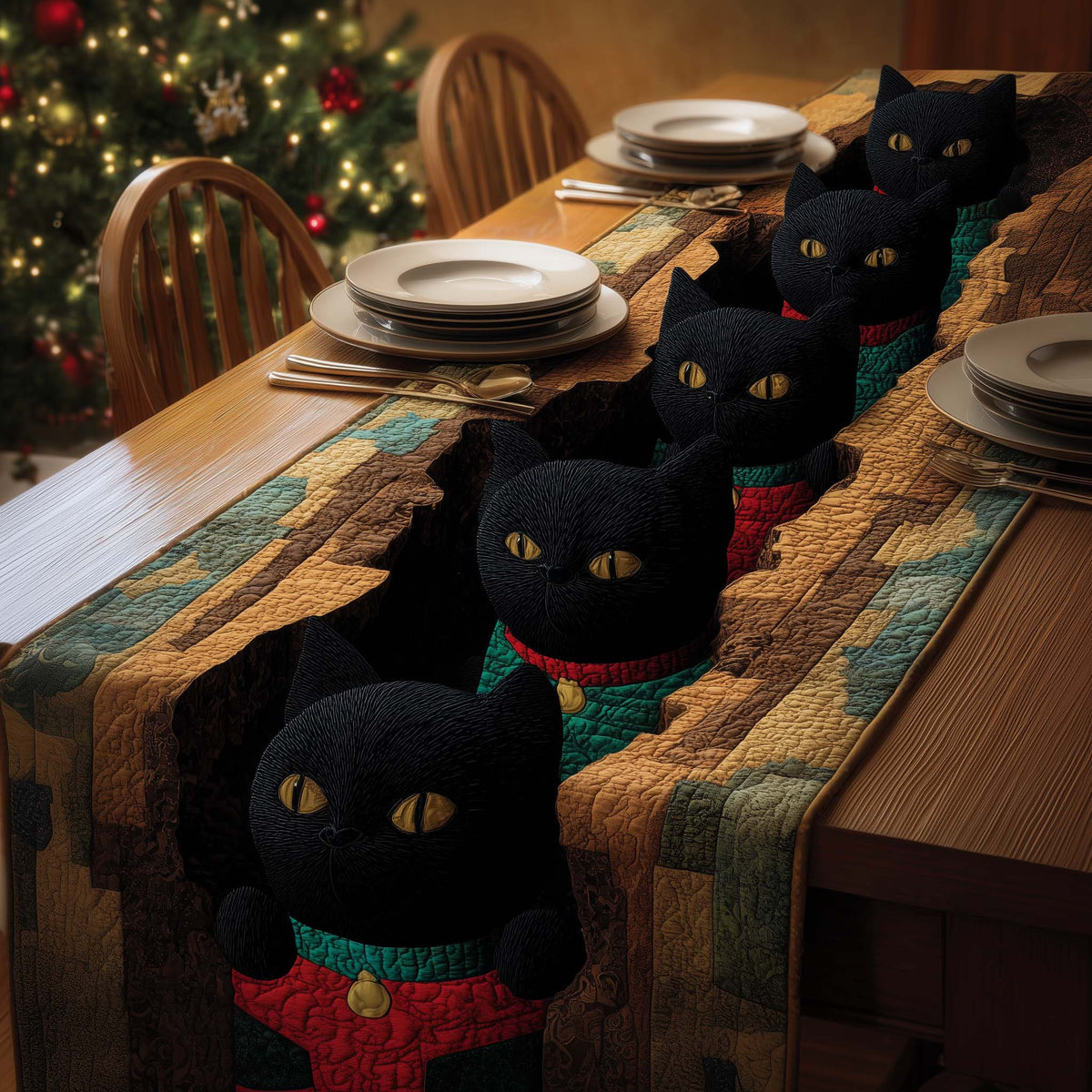 Festive Cats Quilted Table Runner Halloween Table Runner Thanksgiving Table Decor