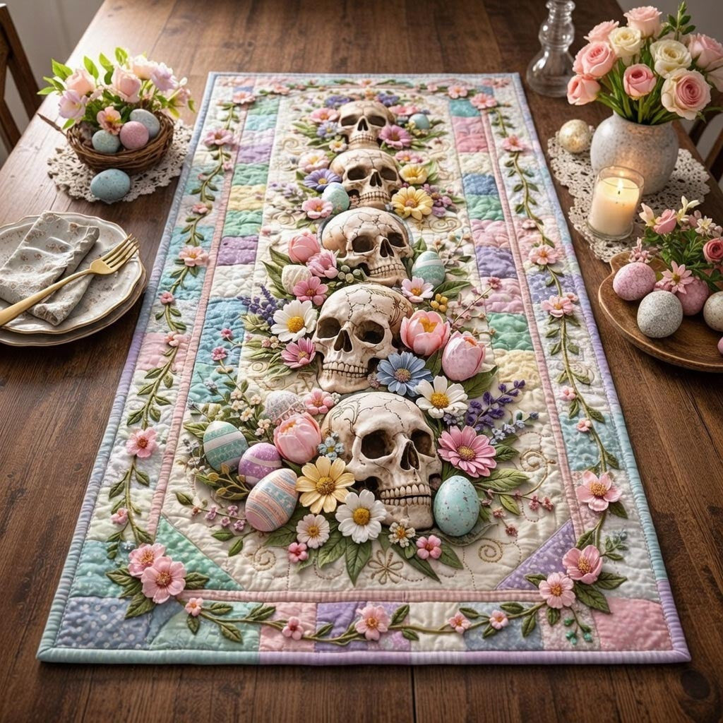 Bone Blossom Quilted Table Runner Halloween Table Runner Thanksgiving Table Decor