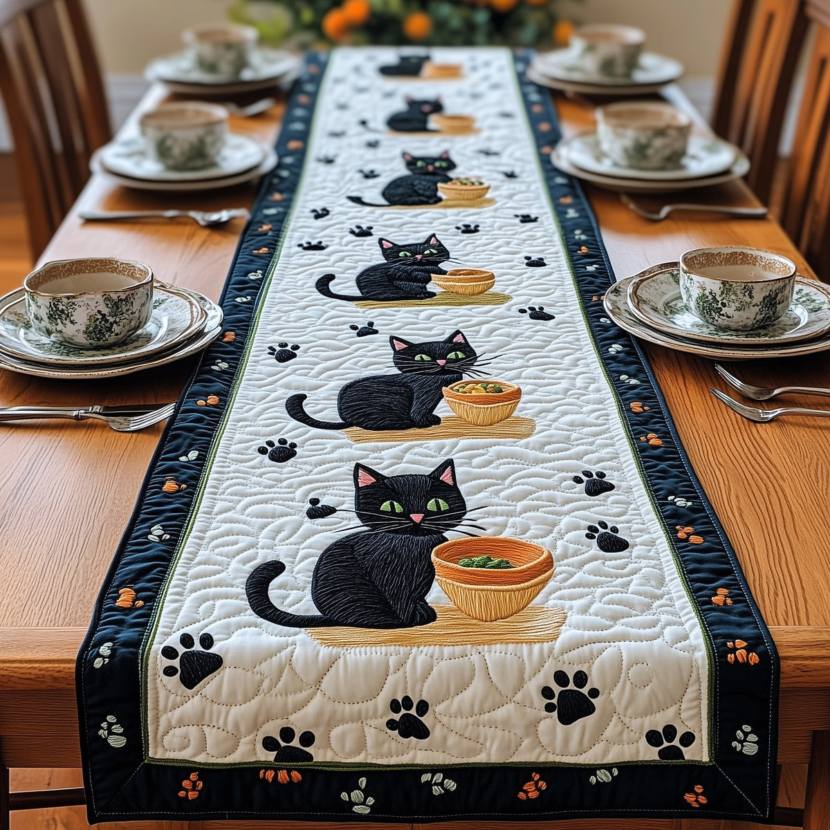 Black Cat Quilted Table Runner Halloween Table Runner Thanksgiving Table Decor
