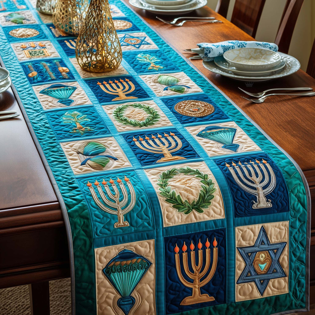Teal Hanukkah Quilted Table Runner Halloween Table Runner Thanksgiving Table Decor