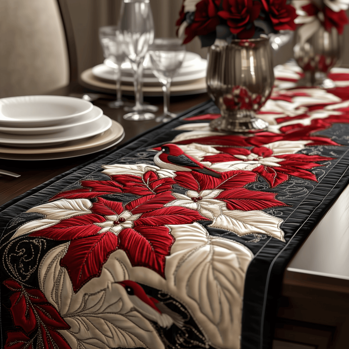 Christmas Poinsettias Quilted Table Runner Halloween Table Runner Thanksgiving Table Decor