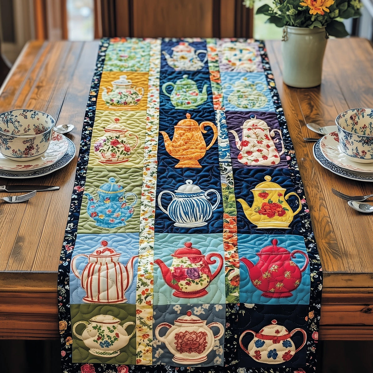 A Symphony of Teapots Quilted Table Runner Halloween Table Runner Thanksgiving Table Decor