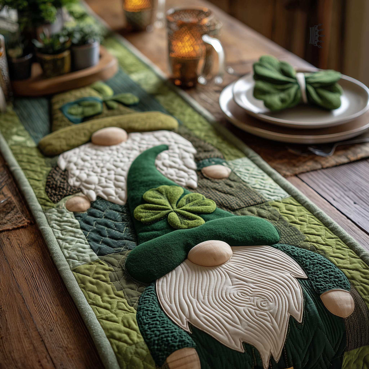 Shamrock Gnome Quilted Table Runner Halloween Table Runner Thanksgiving Table Decor