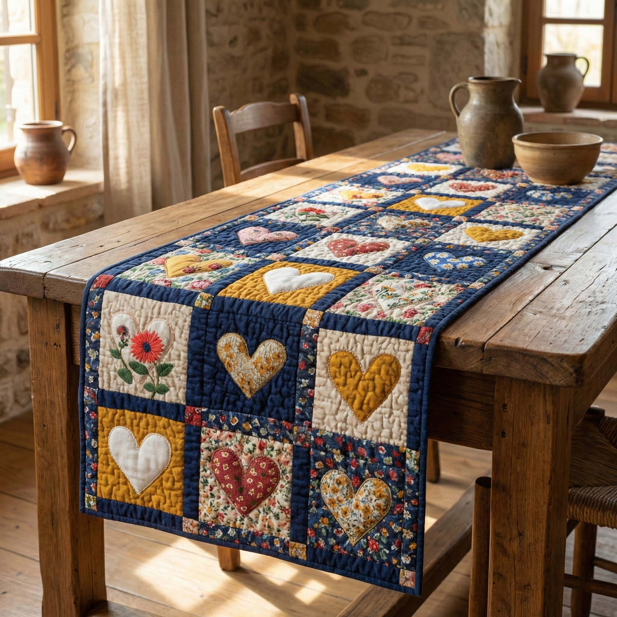 Rustic Hearts Quilted Table Runner Halloween Table Runner Thanksgiving Table Decor
