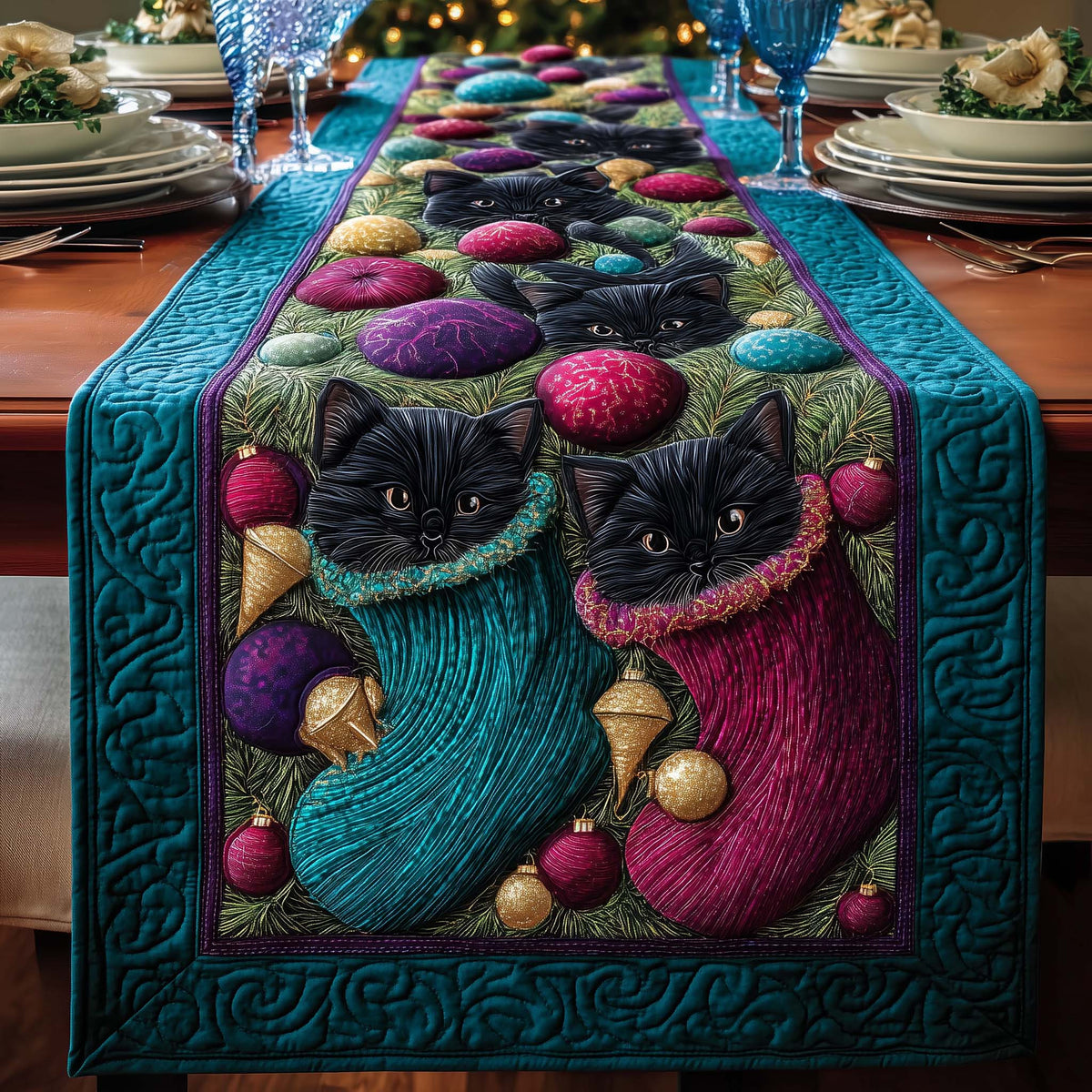 Stocking Cats Quilted Table Runner Halloween Table Runner Thanksgiving Table Decor