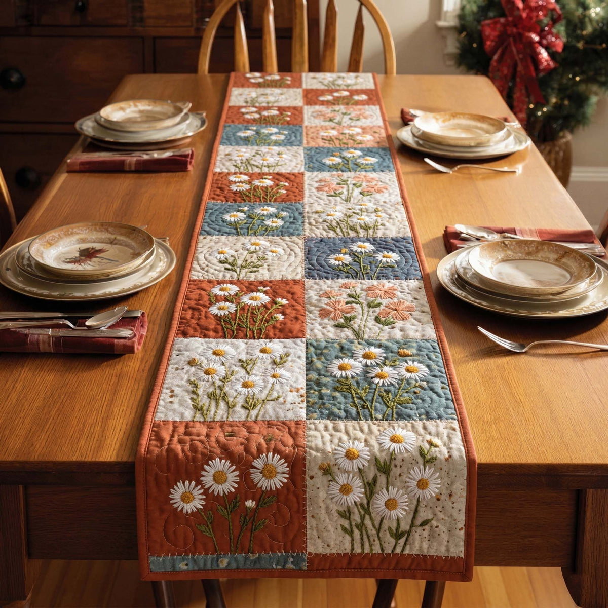 Daisy Mosaic Quilted Table Runner Halloween Table Runner Thanksgiving Table Decor