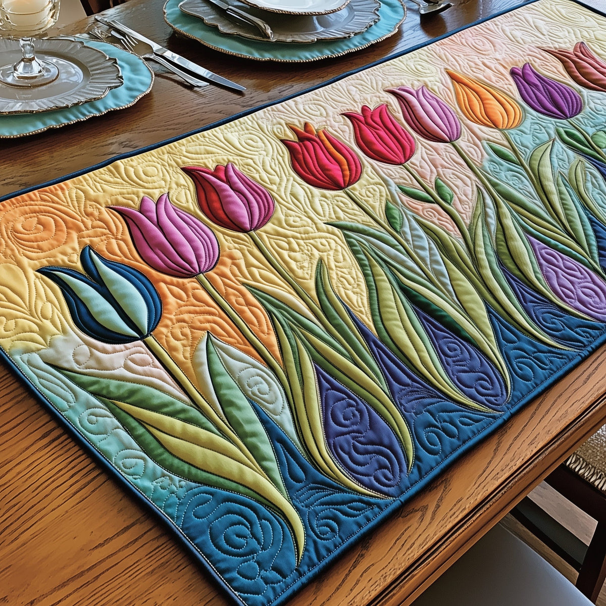 Colorful Tulip Quilted Table Runner Halloween Table Runner Thanksgiving Table Decor