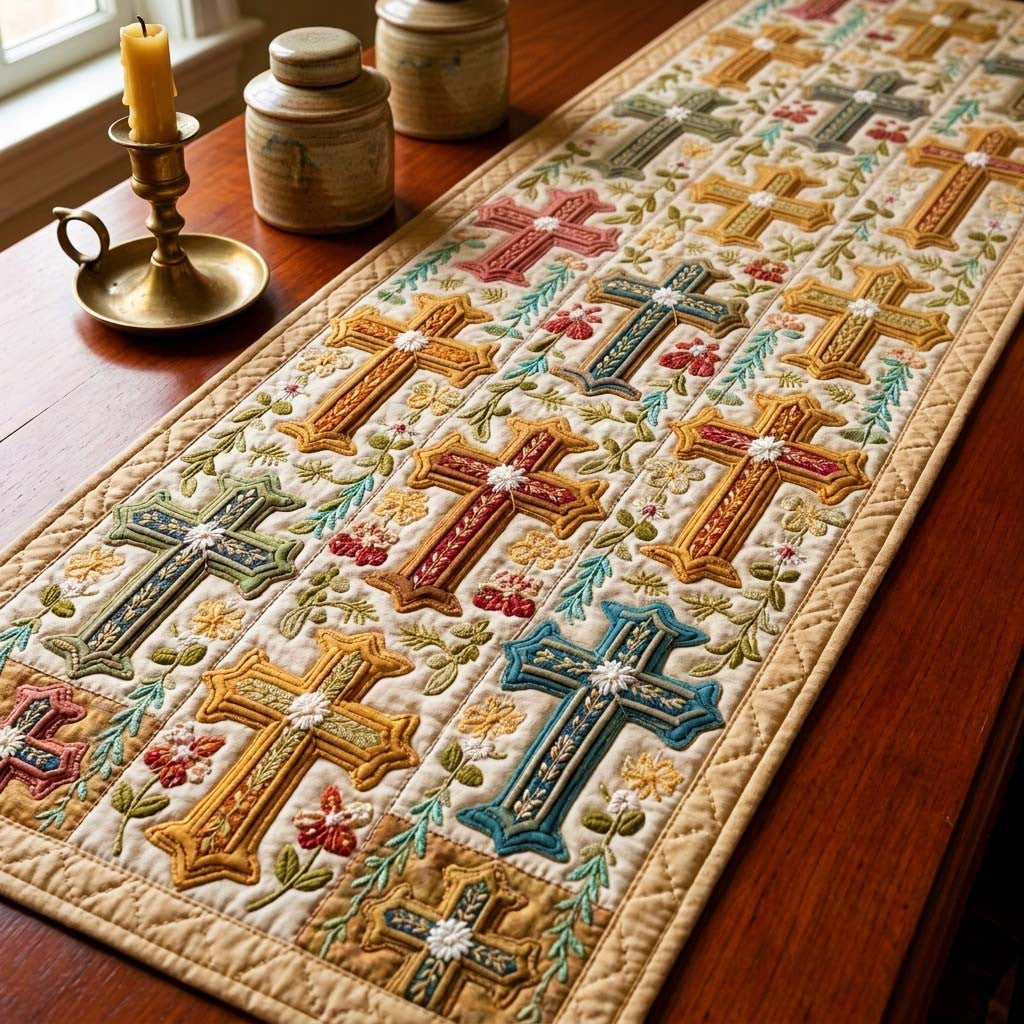 Boho Cross Quilted Table Runner Halloween Table Runner Thanksgiving Table Decor