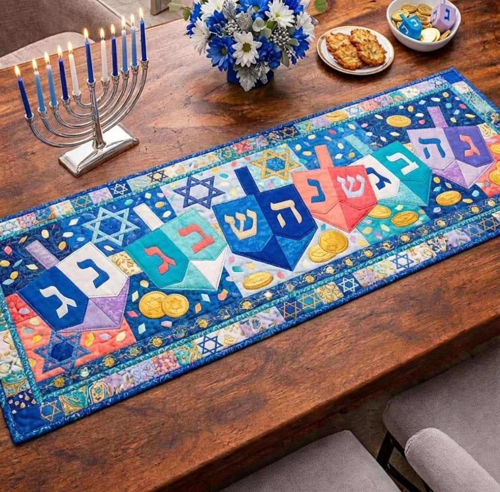 Hanukkah Dreidels Quilted Table Runner Halloween Table Runner Thanksgiving Table Decor