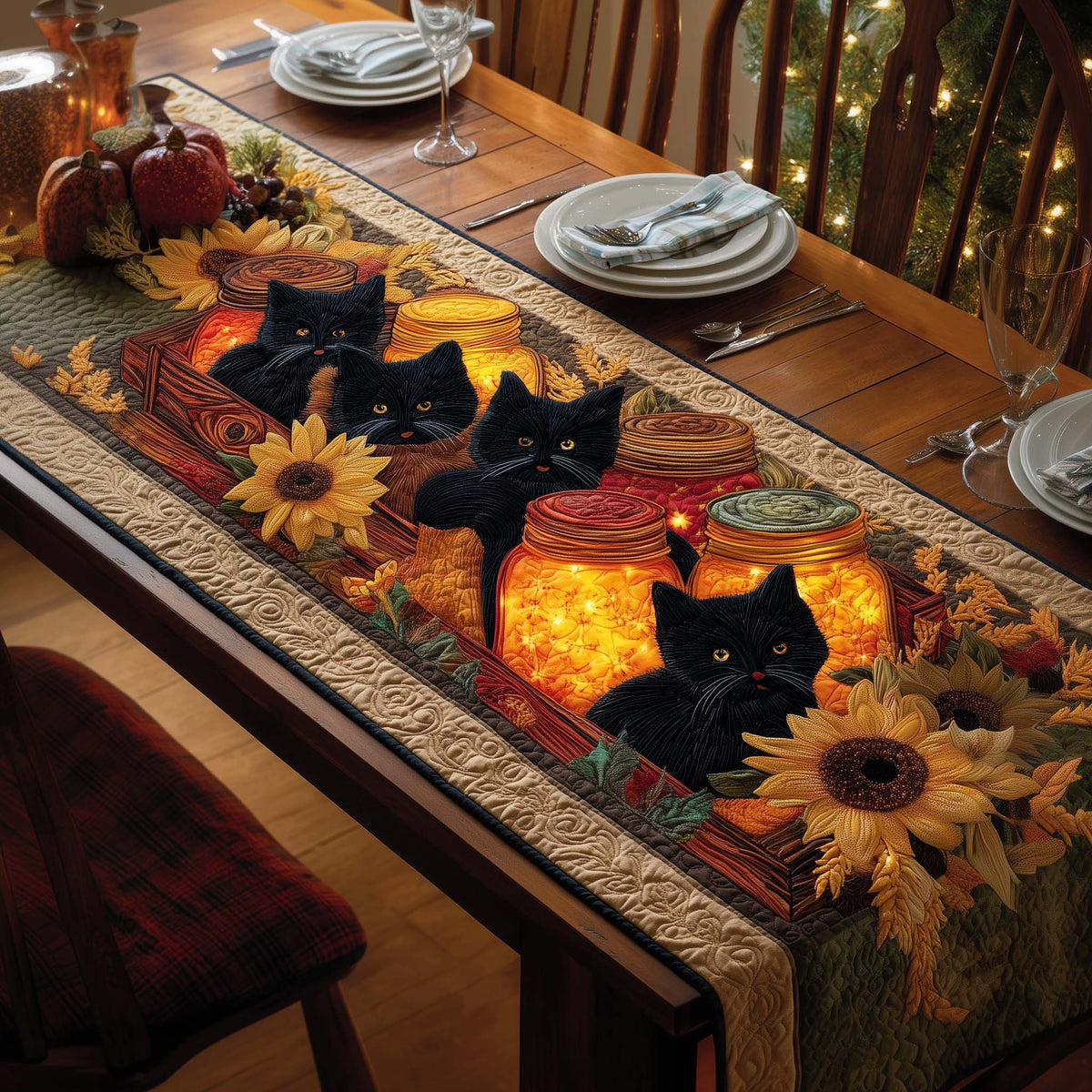 Sunflower Cats Quilted Table Runner Halloween Table Runner Thanksgiving Table Decor