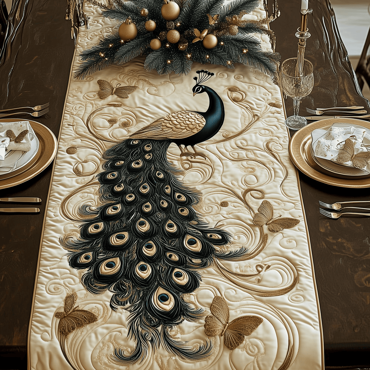 Royal Peacock Quilted Table Runner Halloween Table Runner Thanksgiving Table Decor
