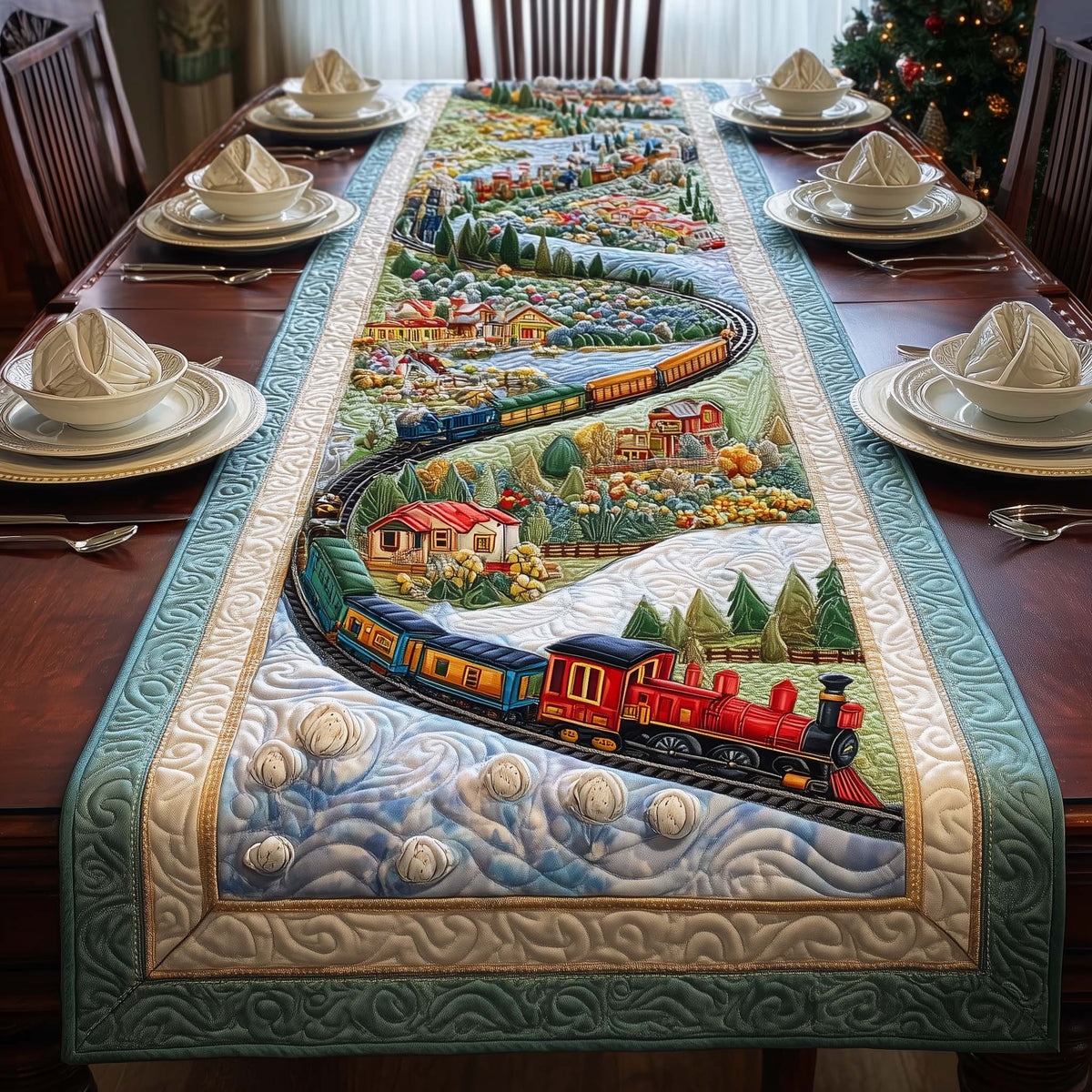 Scenic Train Quilted Table Runner Halloween Table Runner Thanksgiving Table Decor