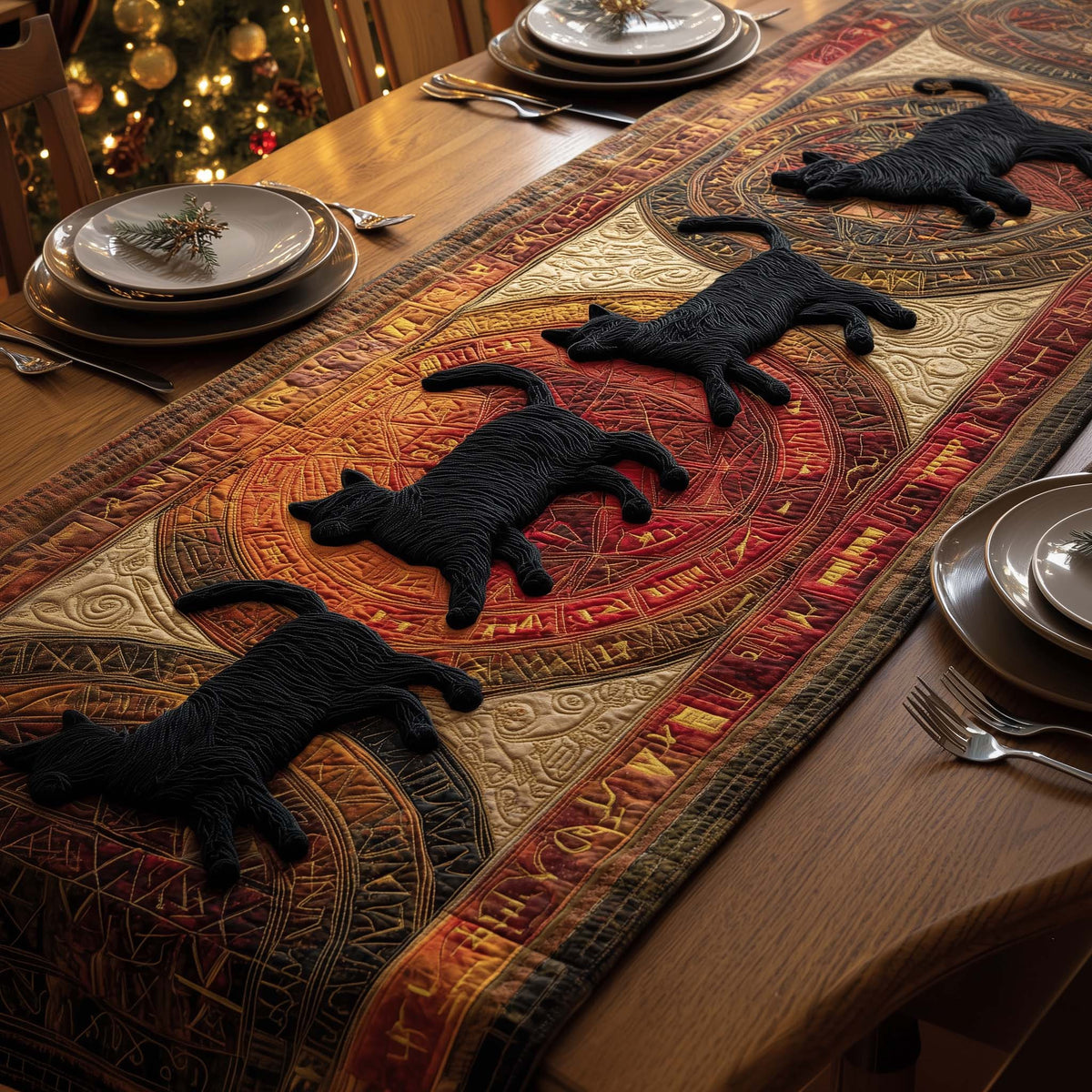 Mystic Cats Quilted Table Runner Halloween Table Runner Thanksgiving Table Decor