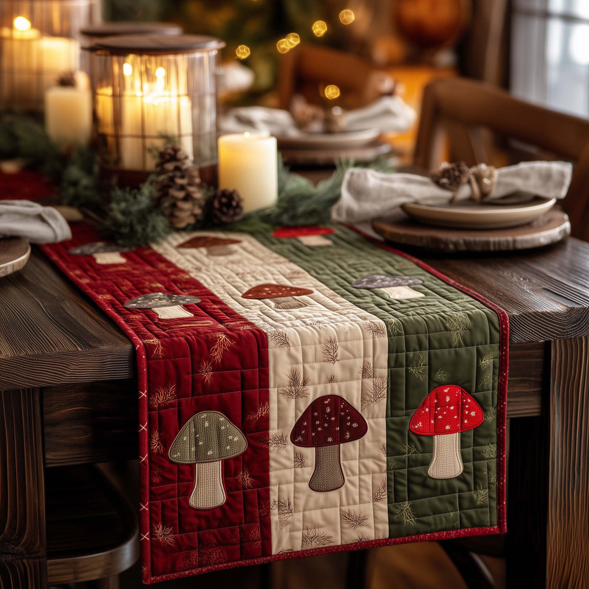 Colorful Mushroom Quilted Table Runner Halloween Table Runner Thanksgiving Table Decor