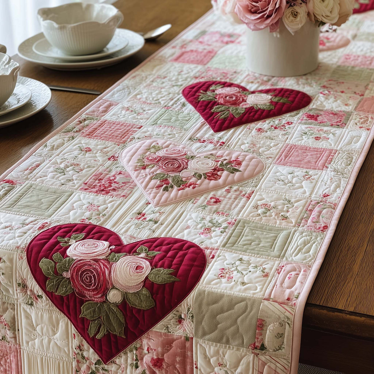Blush Roses Quilted Table Runner Halloween Table Runner Thanksgiving Table Decor