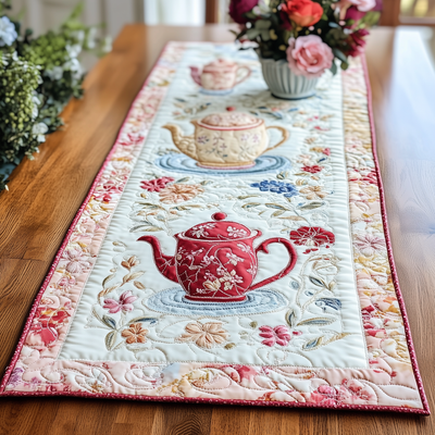 Floral Teapot Quilted Table Runner Halloween Table Runner Thanksgiving Table Decor