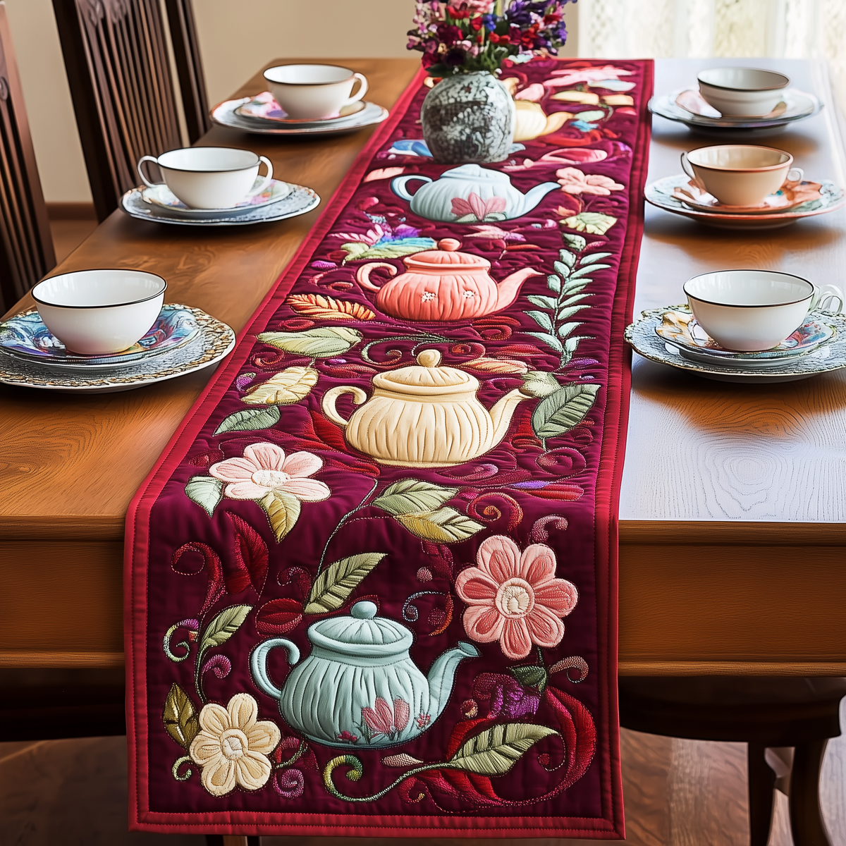 Festive Teapot Quilted Table Runner Halloween Table Runner Thanksgiving Table Decor