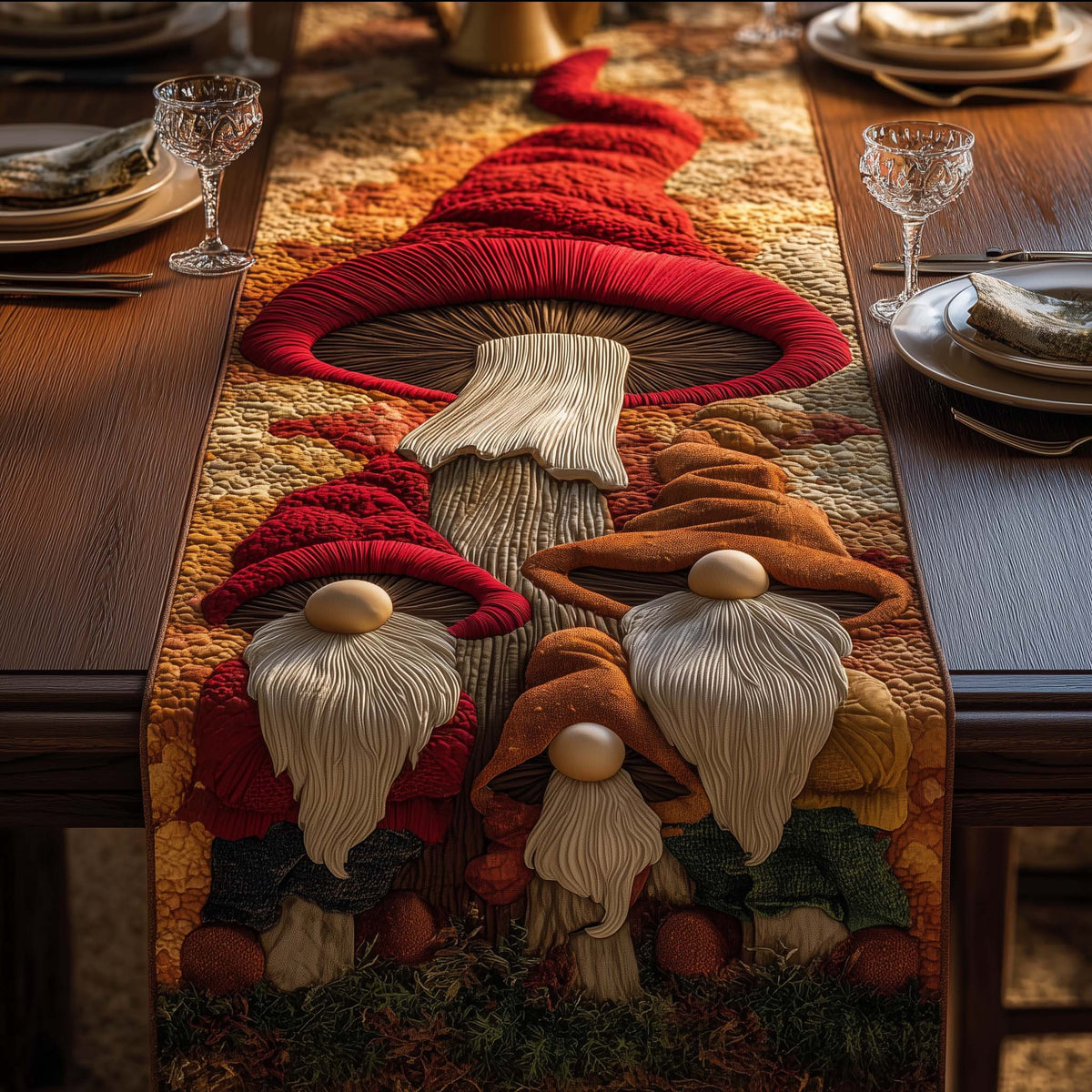 Mushroom Gnomes Quilted Table Runner Halloween Table Runner Thanksgiving Table Decor