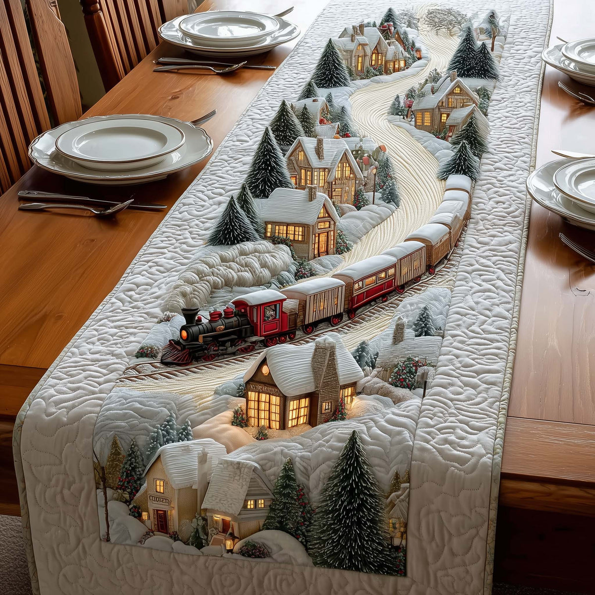 Snowy Village Quilted Table Runner Halloween Table Runner Thanksgiving Table Decor