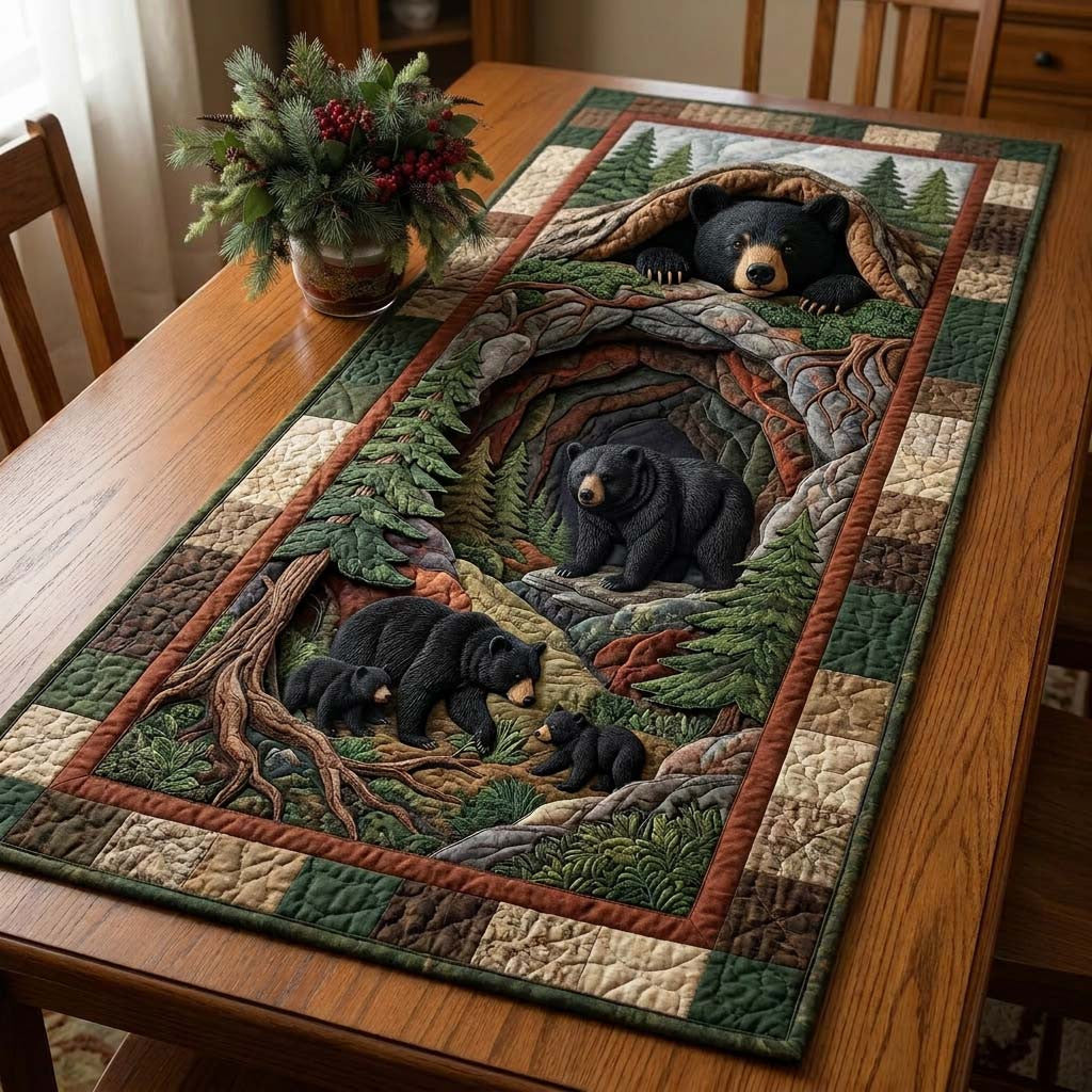 Forest Bear Family Quilted Table Runner Halloween Table Runner Thanksgiving Table Decor