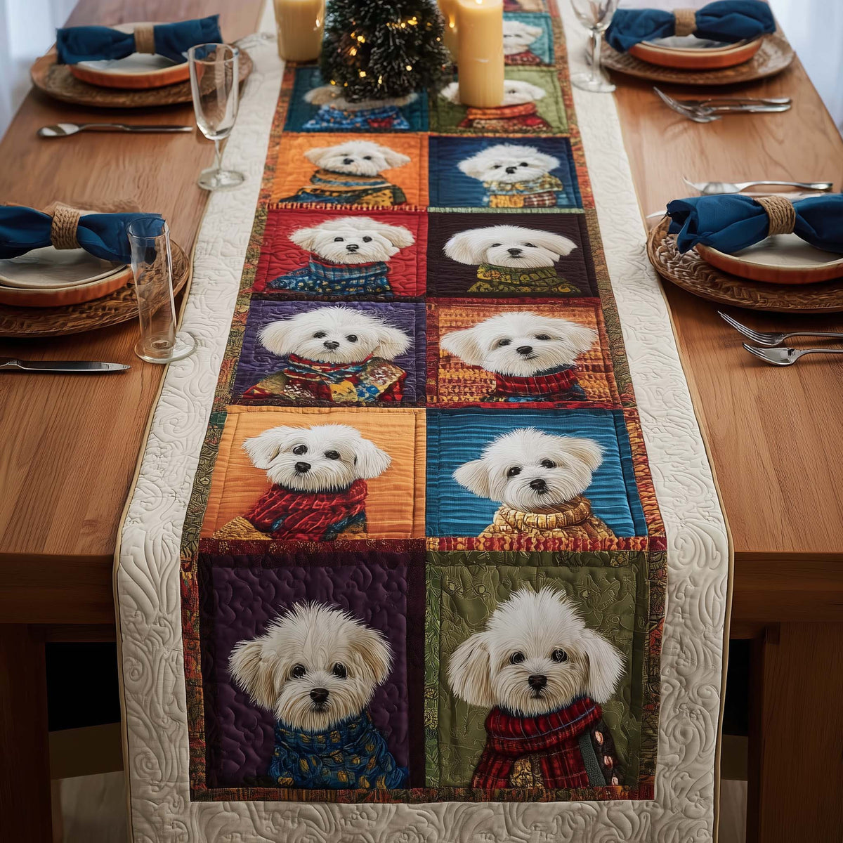 Bichon Quilted Table Runner Halloween Table Runner Thanksgiving Table Decor