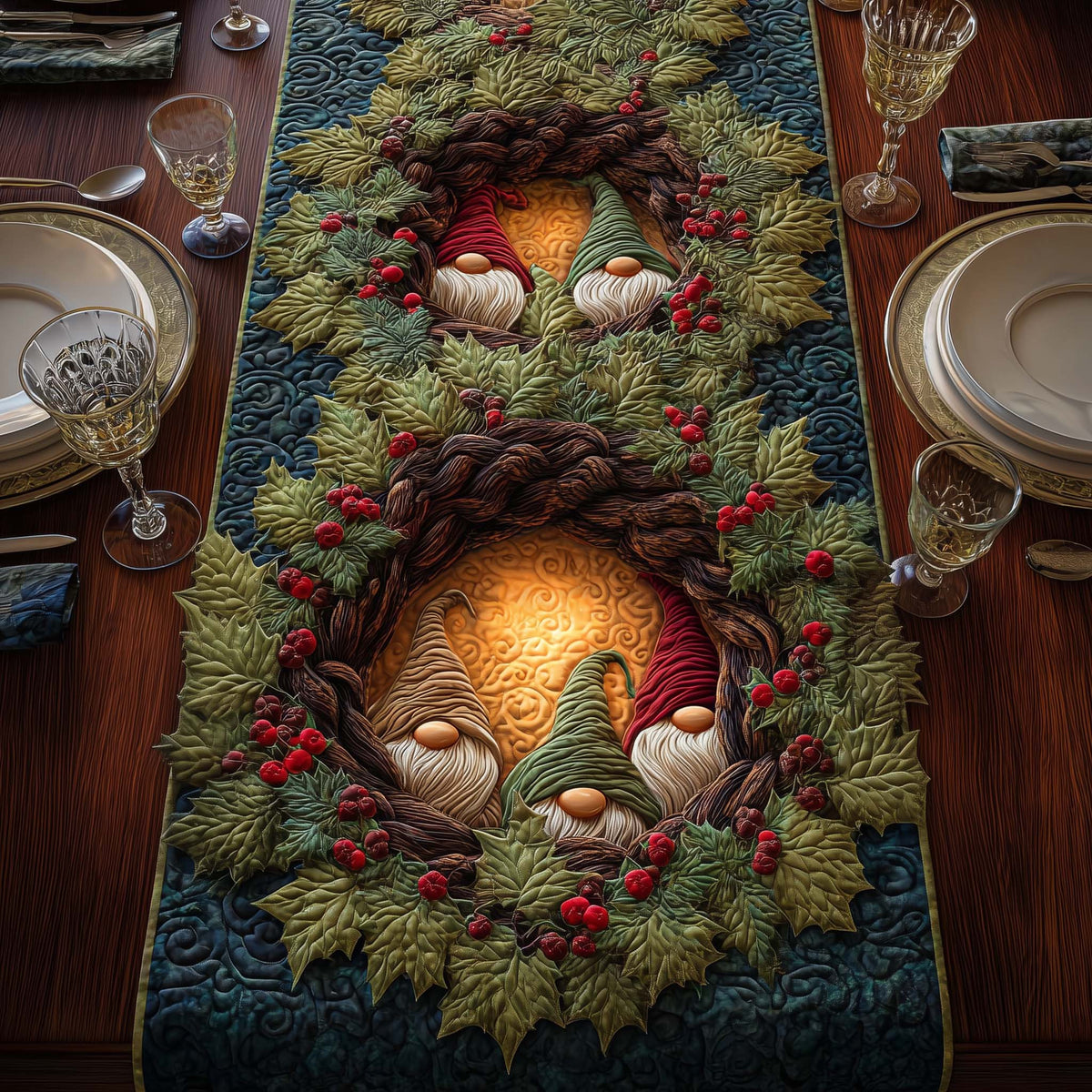 Gnome Wreath Quilted Table Runner Halloween Table Runner Thanksgiving Table Decor
