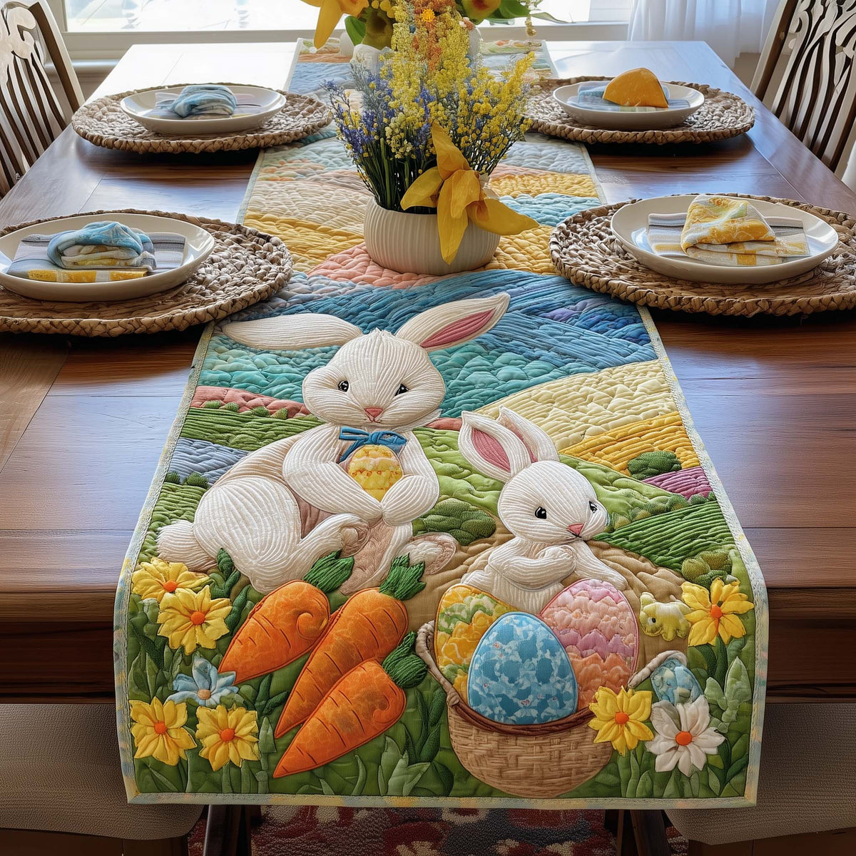 Spring Rabbits Quilted Table Runner Halloween Table Runner Thanksgiving Table Decor