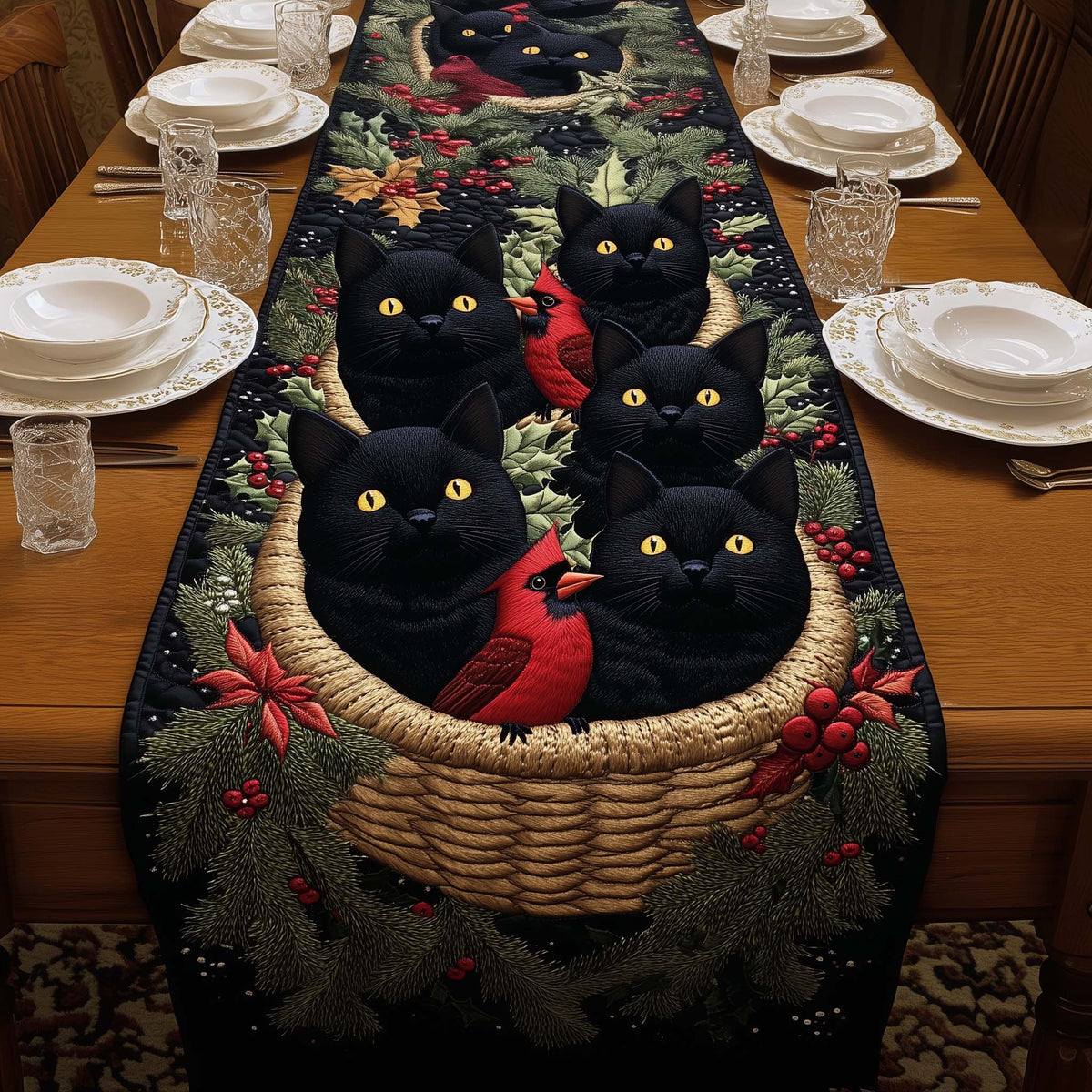 Cats Cardinal Quilted Table Runner Halloween Table Runner Thanksgiving Table Decor