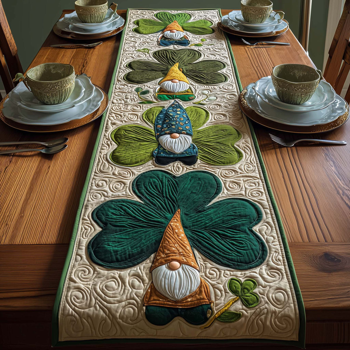 Clover Gnome Quilted Table Runner Halloween Table Runner Thanksgiving Table Decor