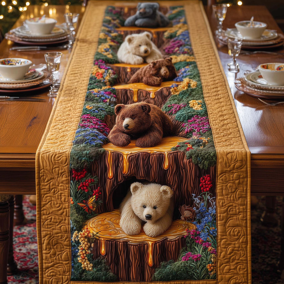 Honey Falls Bears Quilted Table Runner Halloween Table Runner Thanksgiving Table Decor