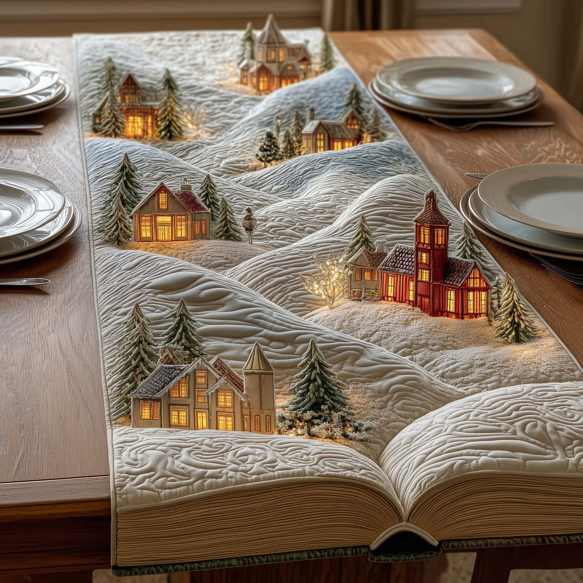 Snow Village Quilted Table Runner Halloween Table Runner Thanksgiving Table Decor