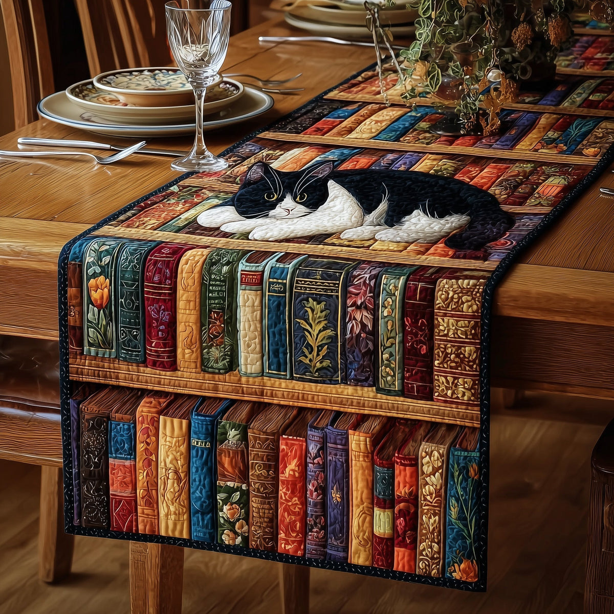 Cozy Library Cats Quilted Table Runner Halloween Table Runner Thanksgiving Table Decor