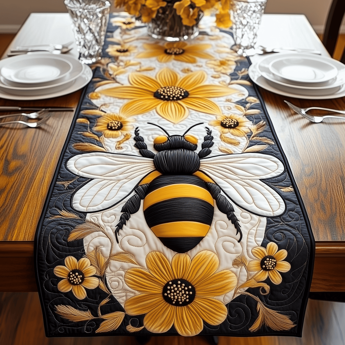 Floral Bee Quilted Table Runner Halloween Table Runner Thanksgiving Table Decor