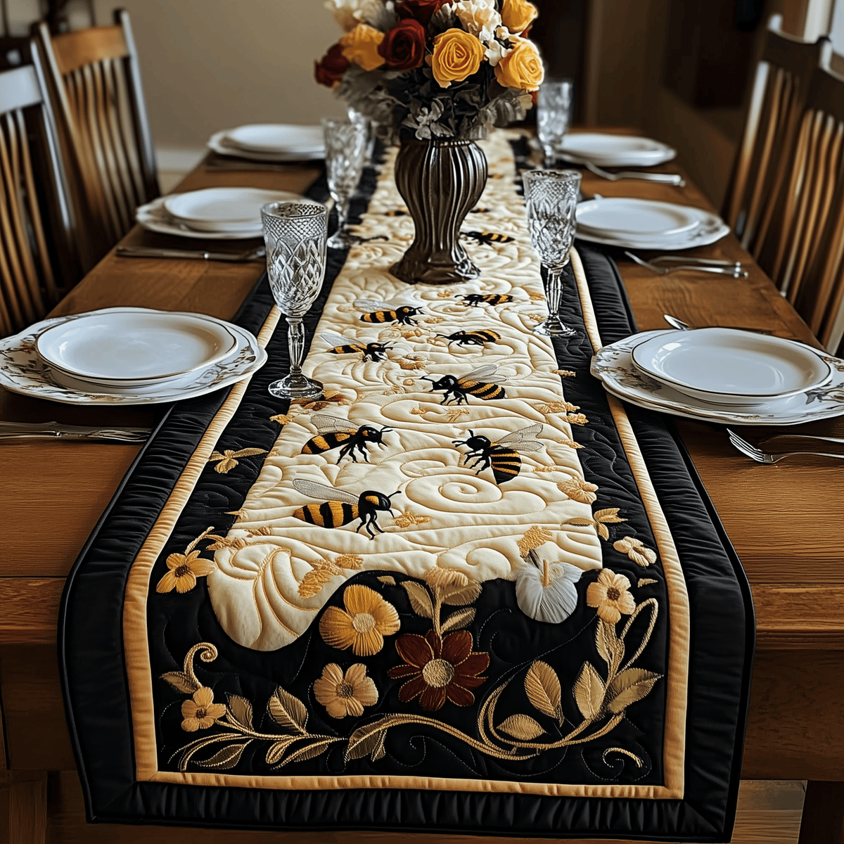 Floral Bee Quilted Table Runner Halloween Table Runner Thanksgiving Table Decor