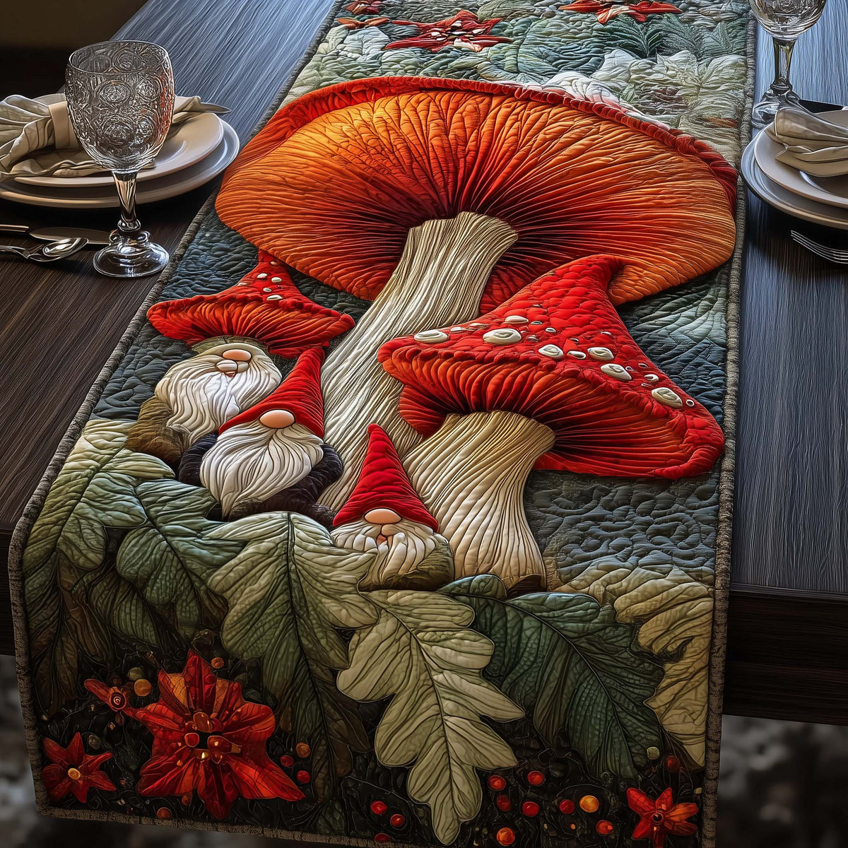 Fungus Gnomes Quilted Table Runner Halloween Table Runner Thanksgiving Table Decor