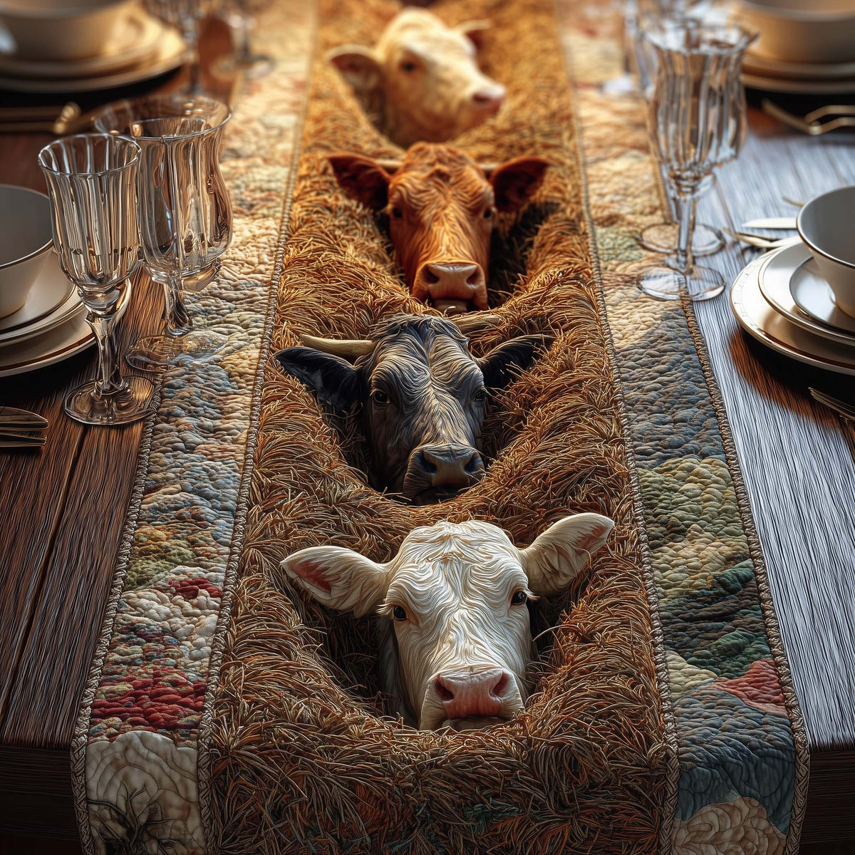 Straw Cows Quilted Table Runner Halloween Table Runner Thanksgiving Table Decor