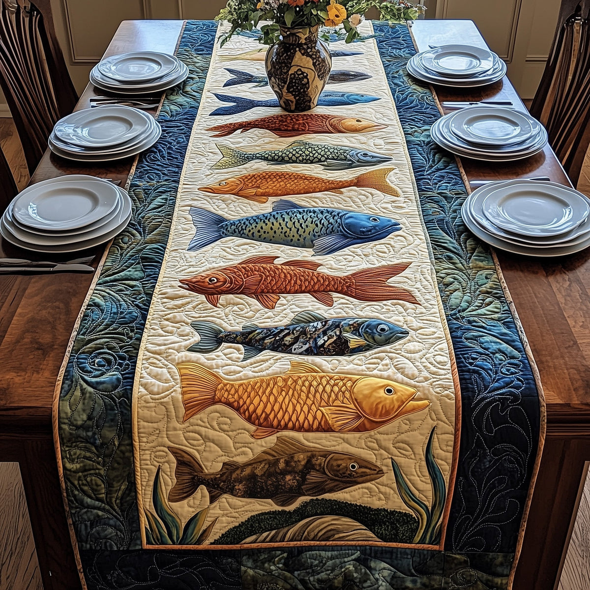 The Wild Catch Quilted Table Runner Halloween Table Runner Thanksgiving Table Decor