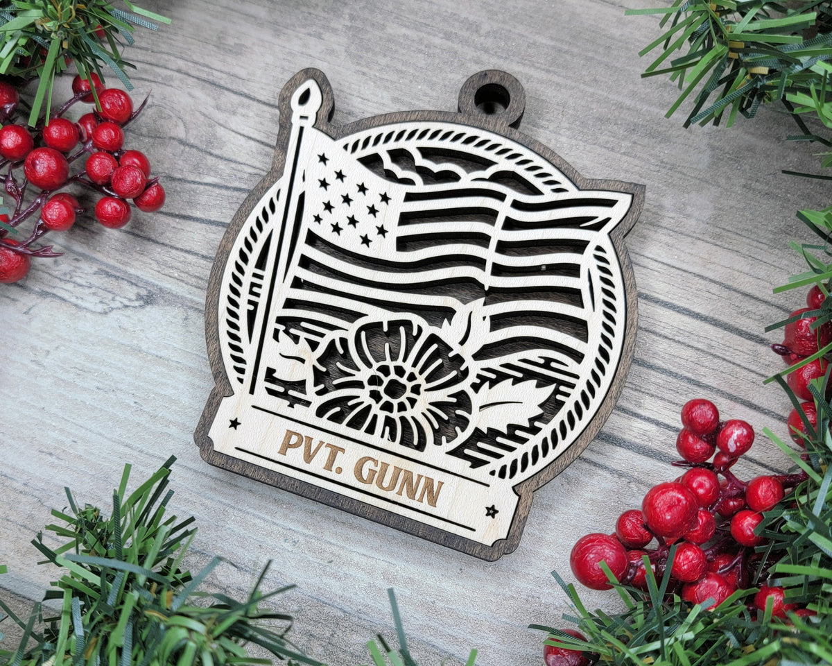 Custom American Flag And Flower Wood Sign, Family Christmas Ornament, Christmas D�cor