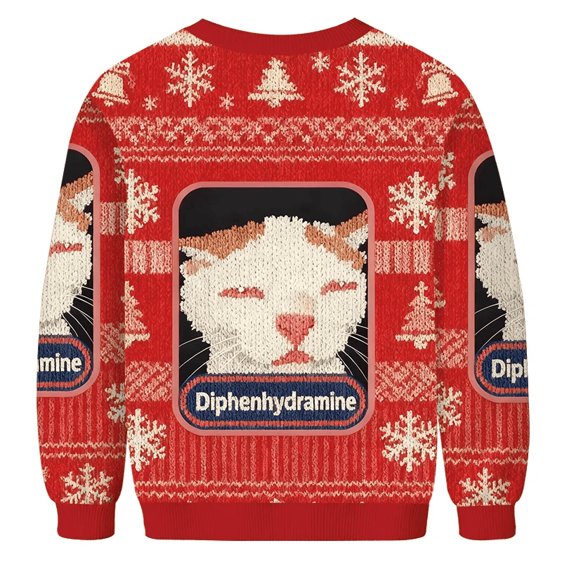 Red Diphenhydramine Drowsy Cat Meme Ugly Sweater, Gift For Cat Lovers, Christmas Ugly Sweatshirt