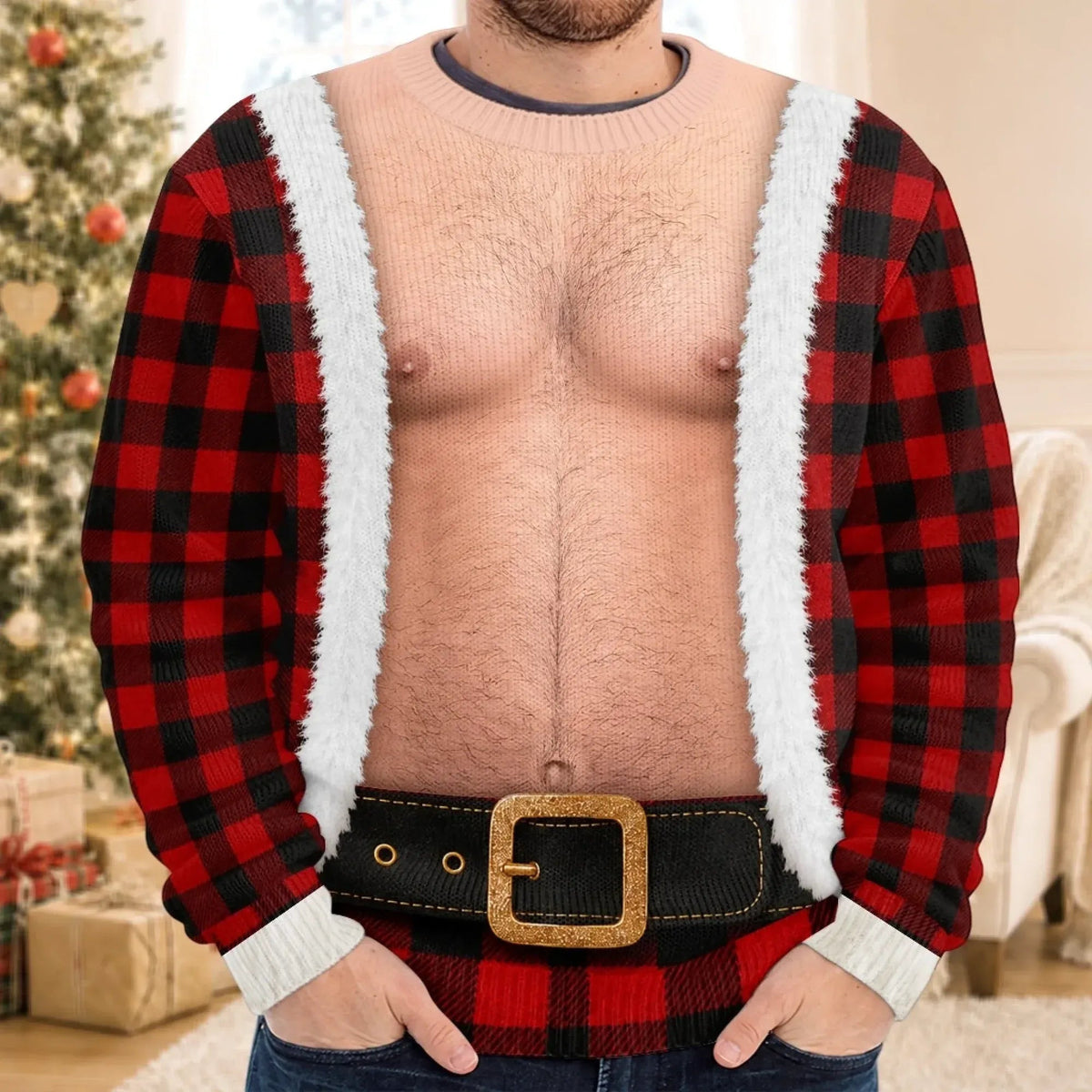 Custom Funny Plaid Santa Body Sweatshirt, Personalized Christmas Gift, Unisex Ugly Sweater