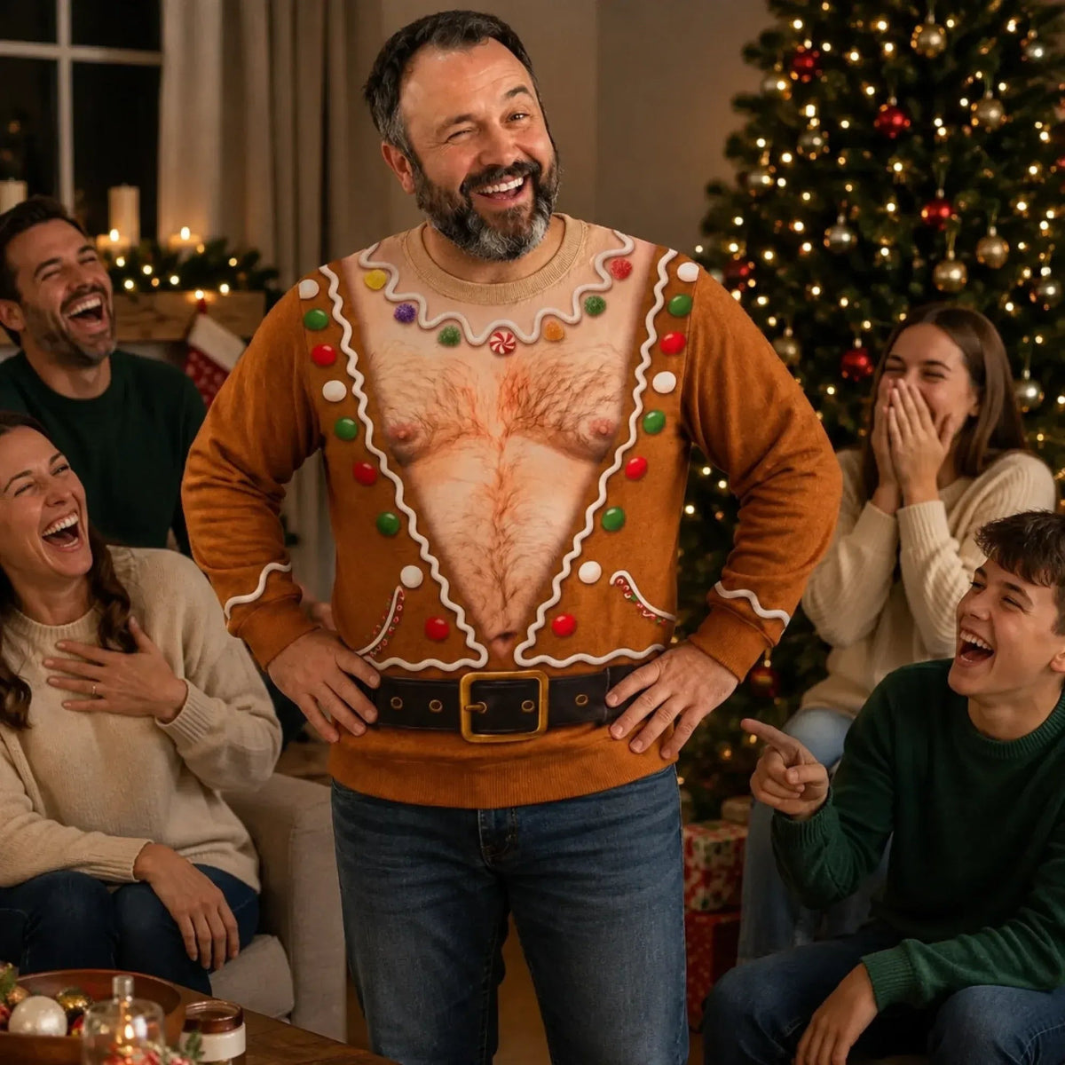 Funny Gingerbread Man Chest Christmas Sweatshirt, Ugly Christmas Sweater, Holiday Shirt