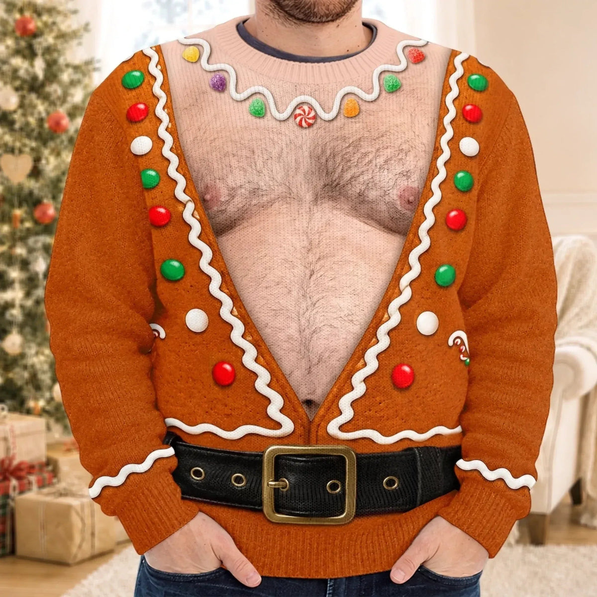 Funny Gingerbread Man Chest Christmas Sweatshirt, Ugly Christmas Sweater, Holiday Shirt