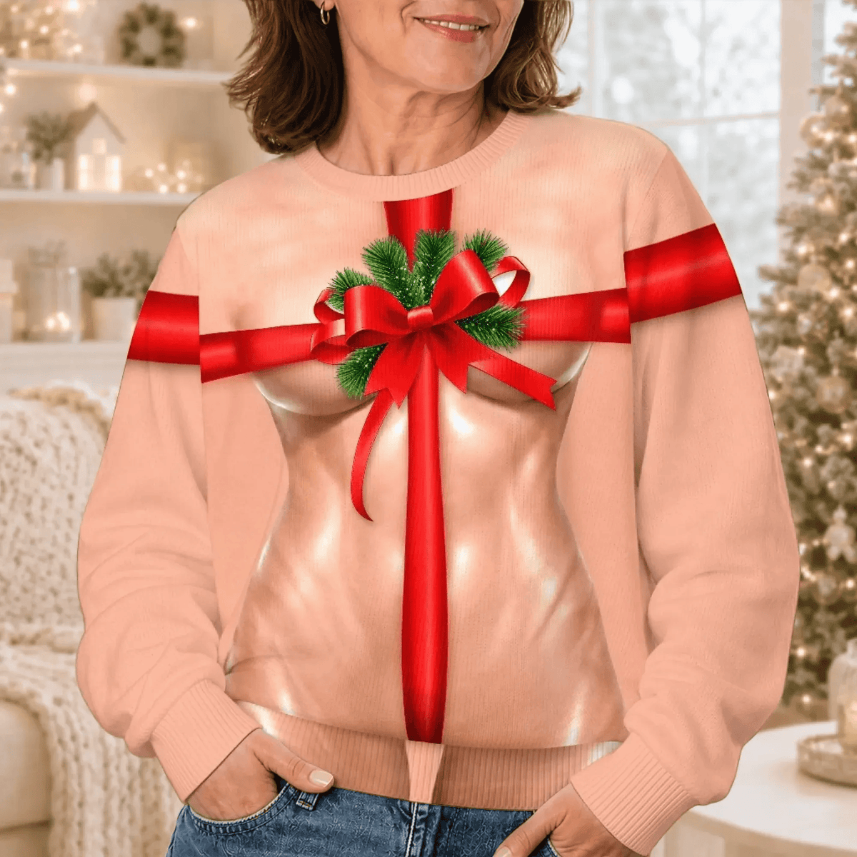 Funny Christmas Gift Bow Body Sweatshirt, Ugly Christmas Sweater, Holiday Shirt For Women