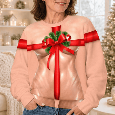 Funny Christmas Gift Bow Body Sweatshirt, Ugly Christmas Sweater, Holiday Shirt For Women
