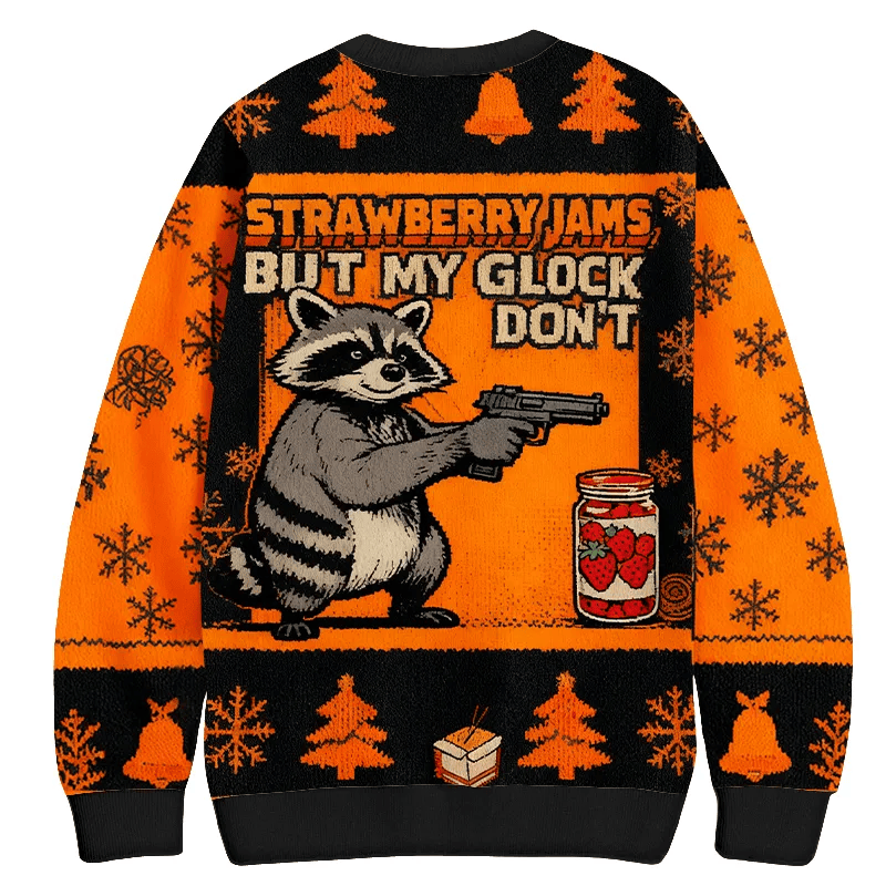 Strawberry Jams But My Glock Don't Funny Raccoon Ugly Sweater, Christmas Ugly Sweatshirt, Xmas Ugly Sweater