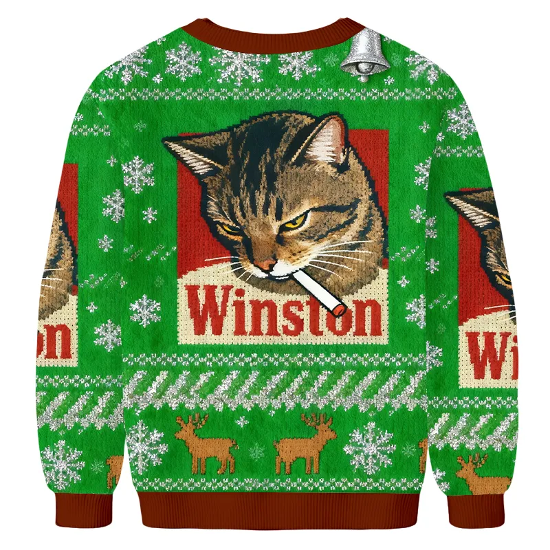 Winston Smoking Cat Ugly Sweater, Funny Christmas Ugly Sweatshirt, Xmas Ugly Sweater