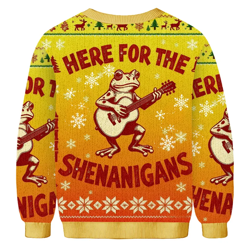 Here For The Shenanigans Frog Playing Guitar Ugly Sweater, Funny Christmas Ugly Sweatshirt, Xmas Ugly Sweater