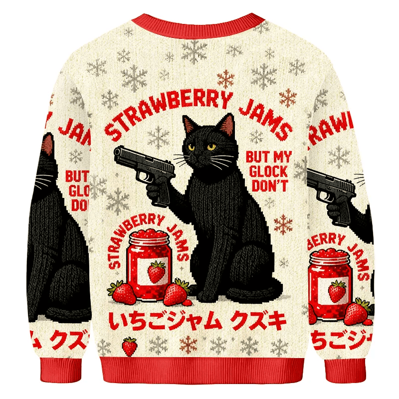 Strawberry Jams But My Glock Don't Black Cat Ugly Sweater, Christmas Ugly Sweatshirt, Xmas Ugly Sweater